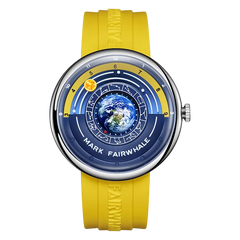 Yellow wristwatch with a detailed face featuring the Earth, on a white background.