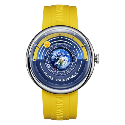 Yellow wristwatch with a detailed face featuring the Earth, on a white background.