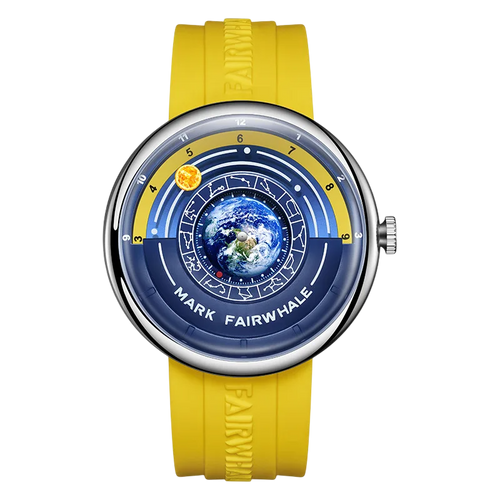 Yellow wristwatch with a detailed face featuring the Earth, on a white background.