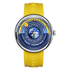 Yellow wristwatch with a detailed face featuring the Earth, on a white background.