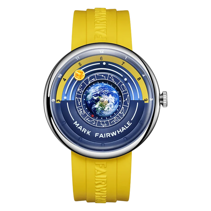 Yellow wristwatch with a detailed face featuring the Earth, on a white background.