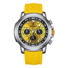 Yellow wristwatch with a detailed face on a white background