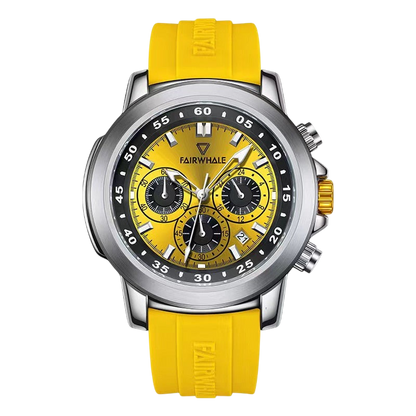 Yellow wristwatch with a detailed face on a white background