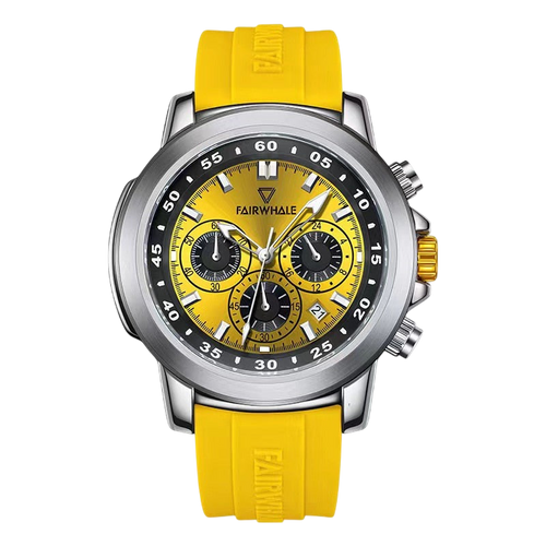 Yellow wristwatch with a detailed face on a white background
