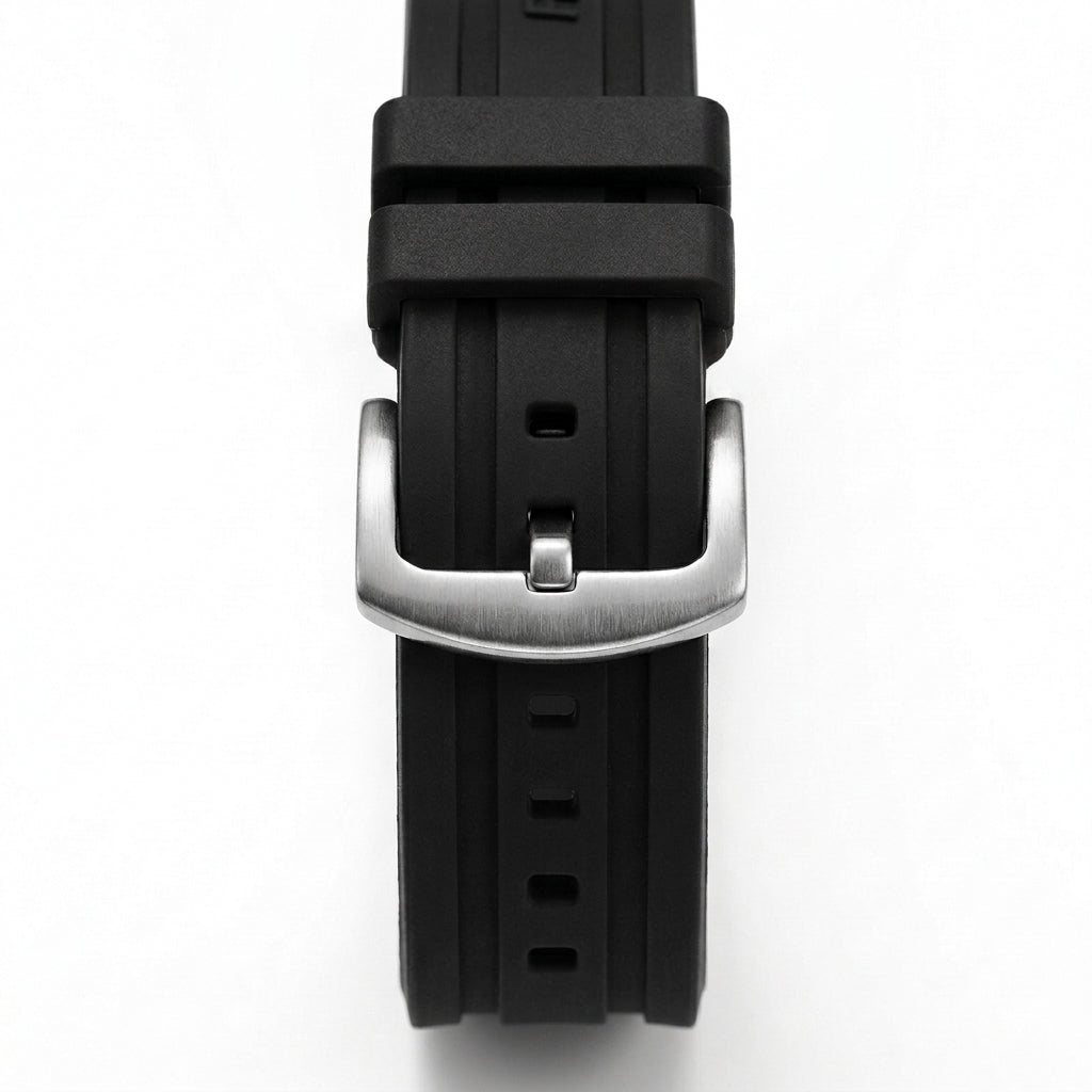 Close-up of black rubber watch strap with brushed stainless steel buckle