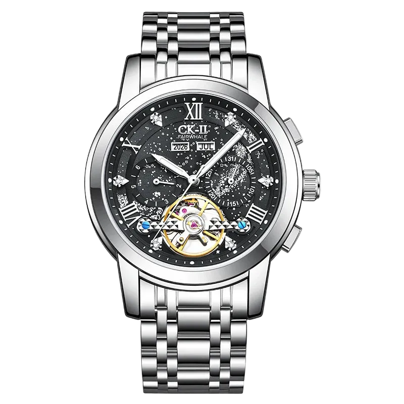Black skeleton automatic watch with silver stainless steel bracelet