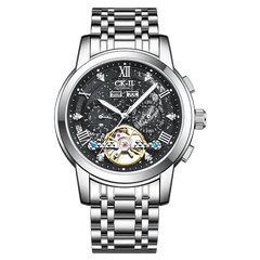 Black skeleton automatic watch with silver stainless steel bracelet