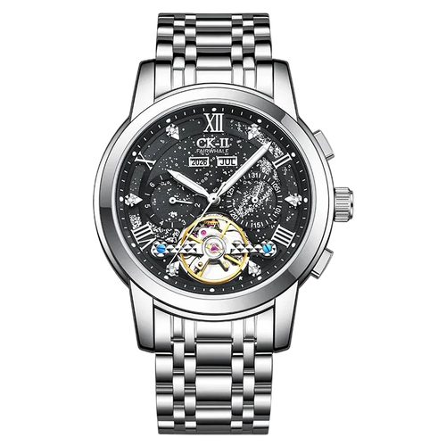 Black skeleton automatic watch with silver stainless steel bracelet
