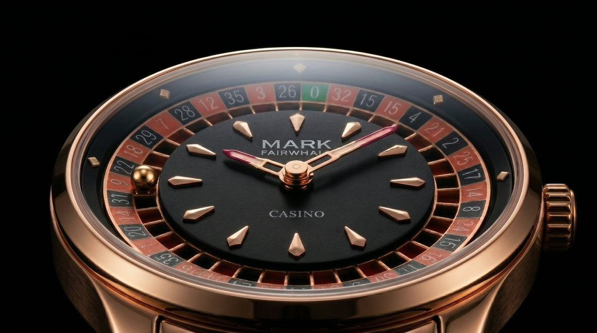 Mark Fairwhale FW-5031 ROULETTE casino watch roulette-inspired dial macro close-up