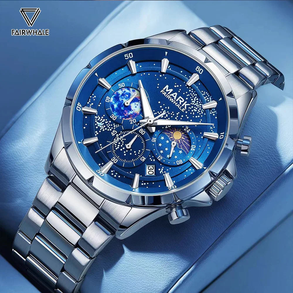 Blue starry sky chronograph watch for men – Mark Fairwhale ASTRIX stainless steel luxury wristwatch, quartz movement.