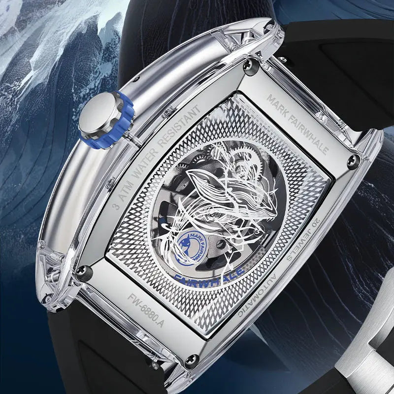 Fairwhale automatic watch 6880 AQUALIXUM with transparent case back showing 20-jewel mechanical movement.