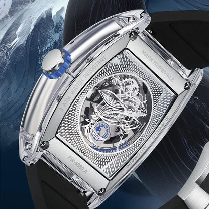 Fairwhale automatic watch 6880 AQUALIXUM with transparent case back showing 20-jewel mechanical movement.