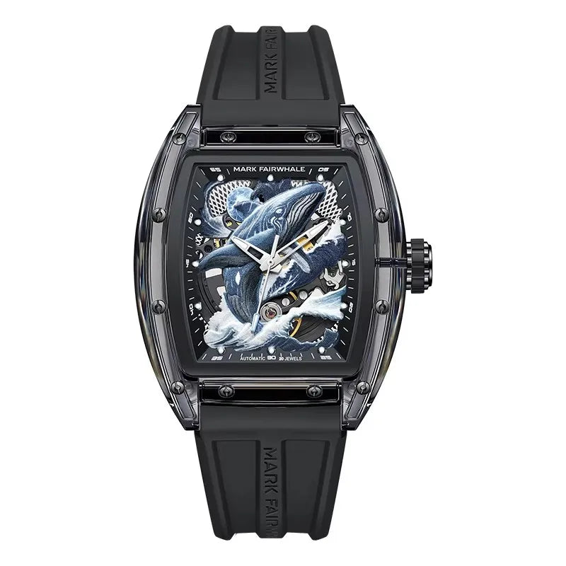 Men wearing Mark Fairwhale 6880 AQUALIXUM luxury skeleton watch with sporty black silicone strap.