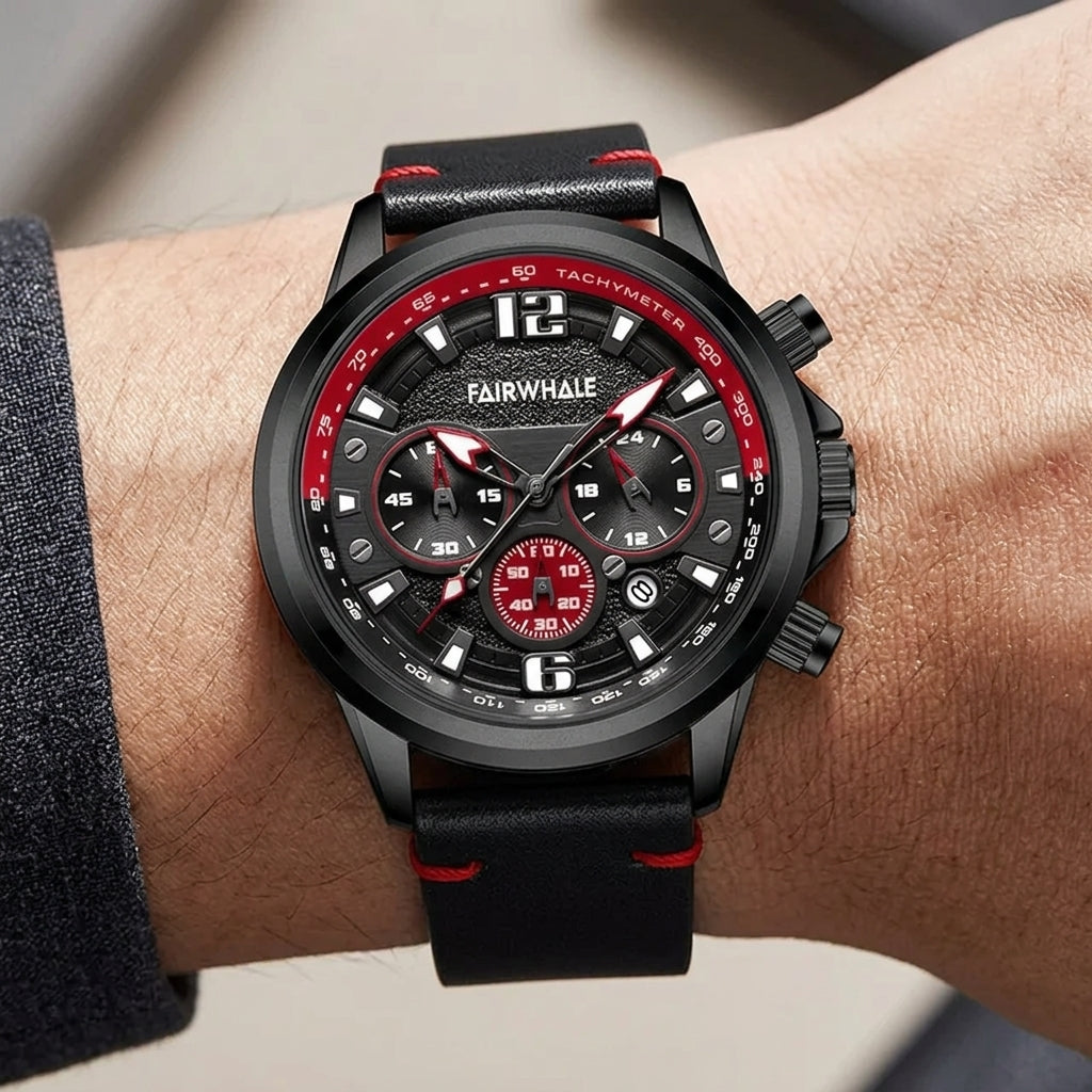 Fairwhale FW-5580 IGNIS - Watch on wrist with a blue background