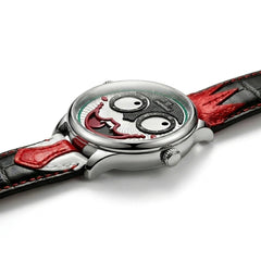 Watch with a unique design on the face, featuring red and black colors.