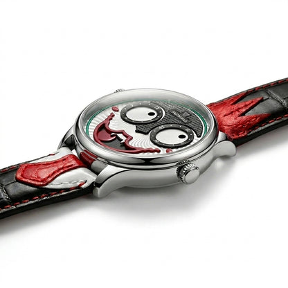 Watch with a unique design on the face, featuring red and black colors.