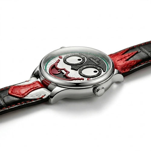 Watch with a unique design on the face, featuring red and black colors.
