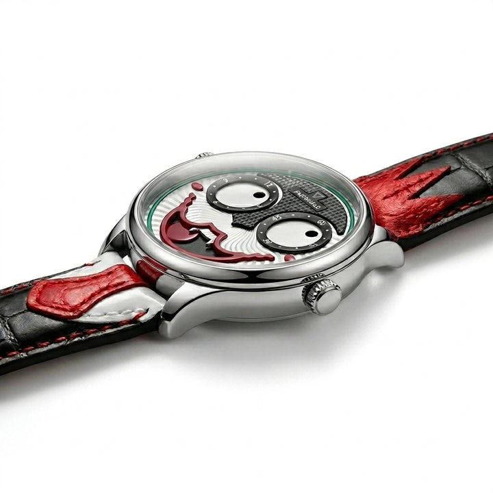 Watch with a unique design on the face, featuring red and black colors.