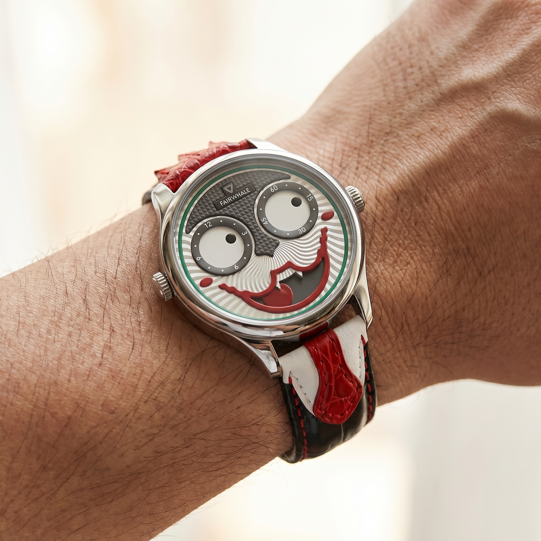 Watch with a unique face design on a wrist against a neutral background