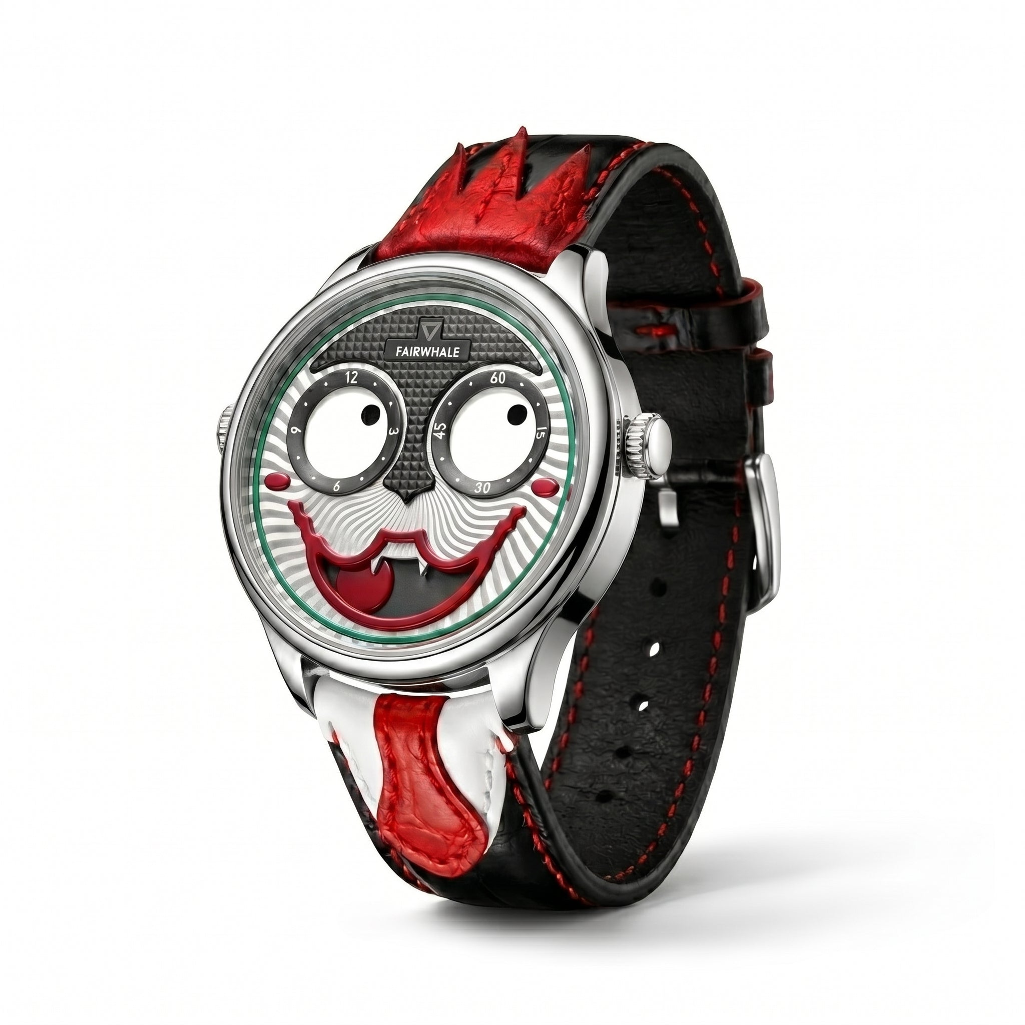 Wristwatch with a unique face design on the dial against a white background