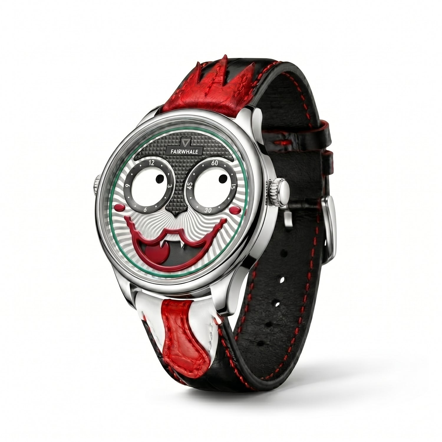 Wristwatch with a unique face design on the dial against a white background