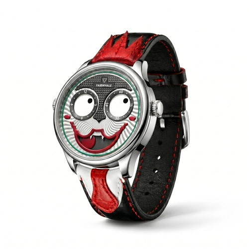 Wristwatch with a unique face design on the dial against a white background
