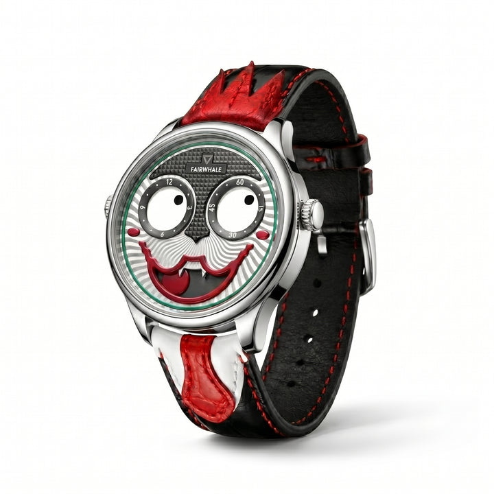 Wristwatch with a unique face design on the dial against a white background