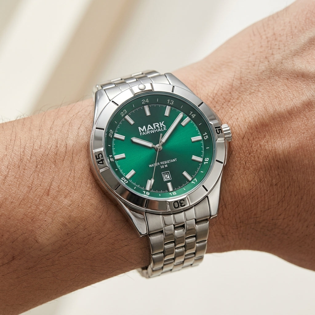 Fairwhale FW-5810 Green Q - luxury wristwatch, close-up, wristshot