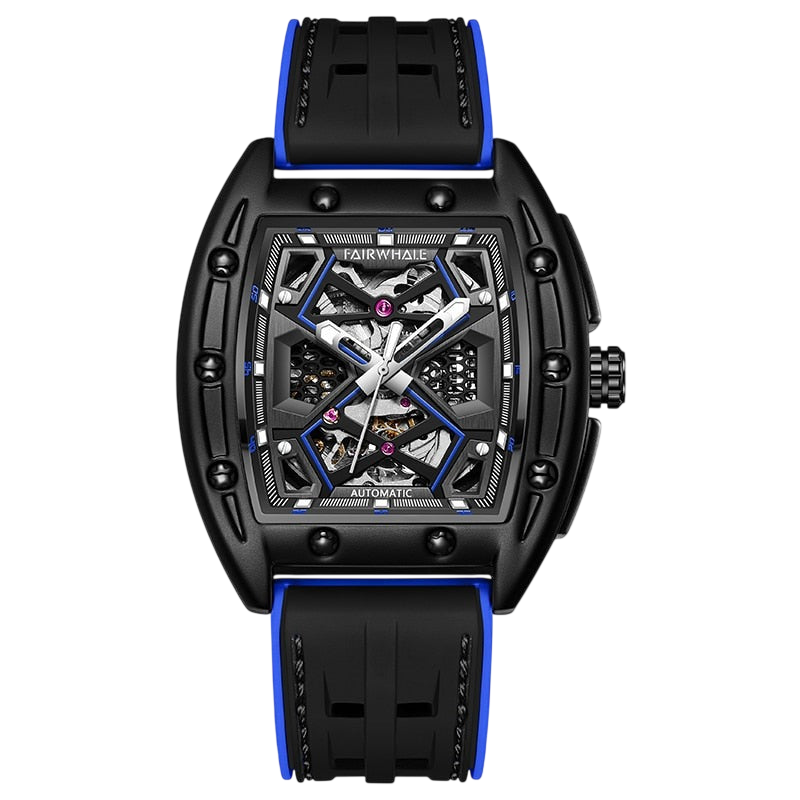 Black and blue watch with visible brand name on a white background