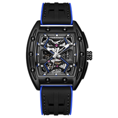 Black and blue watch with visible brand name on a white background