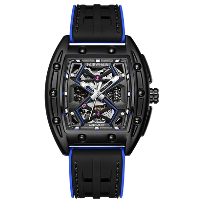 Black and blue watch with visible brand name on a white background