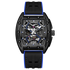 Black and blue watch with visible brand name on a white background