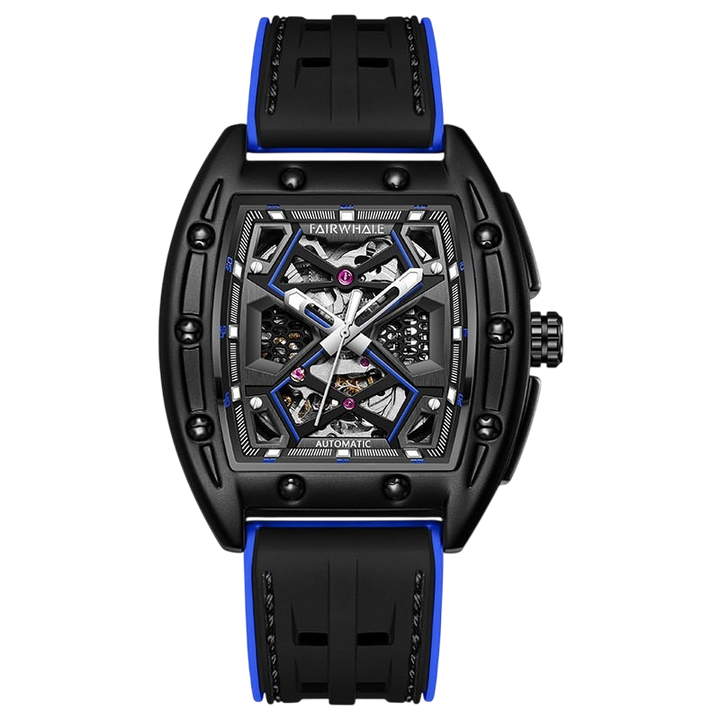 Black and blue watch with visible brand name on a white background