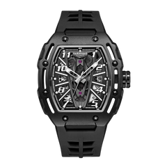 Black wristwatch with detailed design on a white background