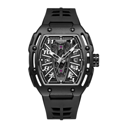 Black wristwatch with detailed design on a white background