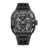 Black wristwatch with detailed design on a white background