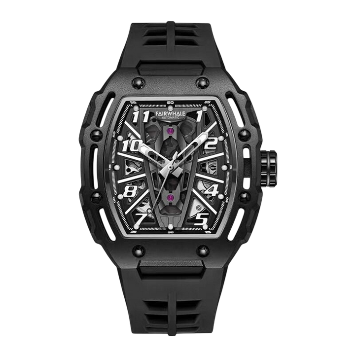 Black wristwatch with detailed design on a white background