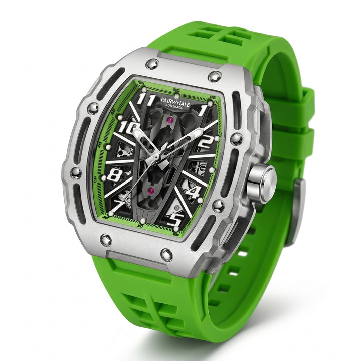 Green wristwatch with a silver case on a white background