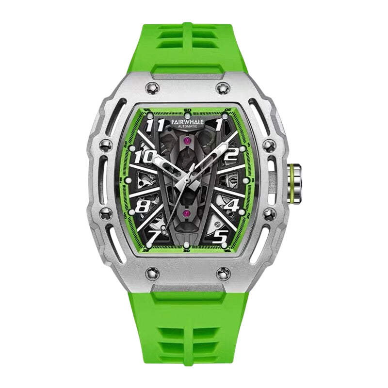 Green wristwatch with a silver case on a white background