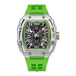 Green wristwatch with a silver case on a white background