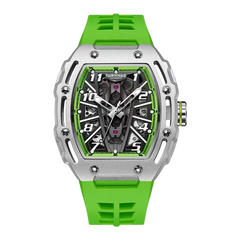 Green wristwatch with a silver case on a white background
