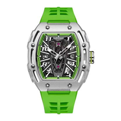Green wristwatch with a silver case on a white background