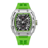 Green wristwatch with a silver case on a white background