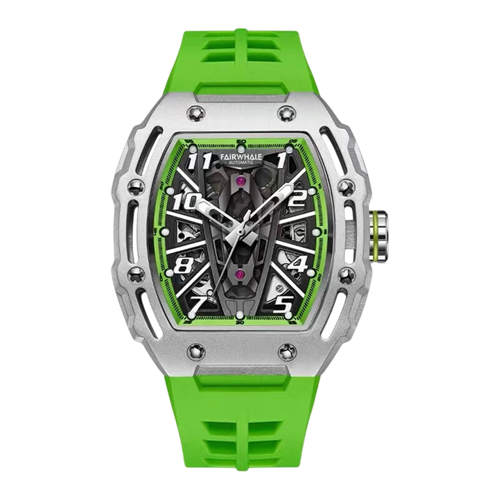 Green wristwatch with a silver case on a white background