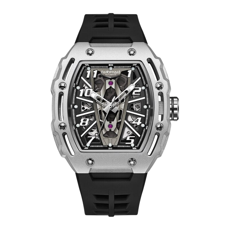 Luxury watch with black strap and silver case on a white background