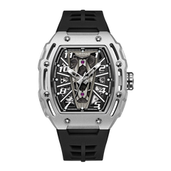 Luxury watch with black strap and silver case on a white background
