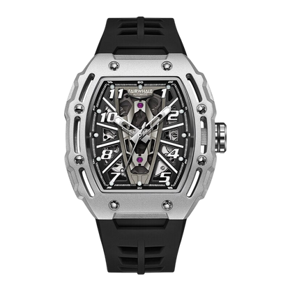 Luxury watch with black strap and silver case on a white background