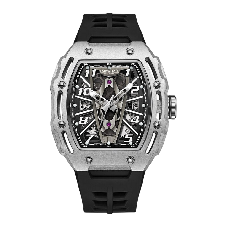 Luxury watch with black strap and silver case on a white background