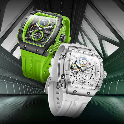 Mark Fairwhale AETERNUS watches in green and white editions, featuring skeleton moon phase dials with bold silicone straps.