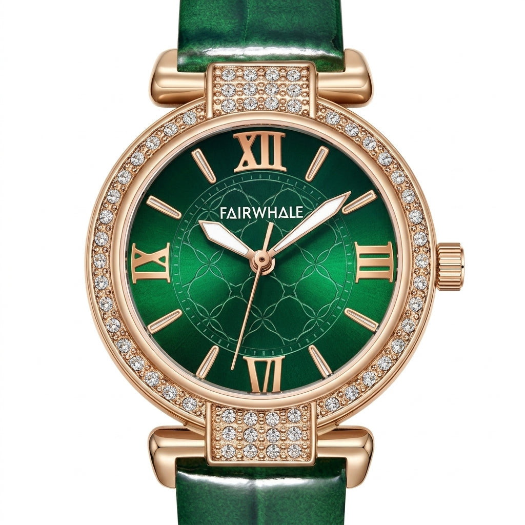 Fairwhale 3659 VELORA - Watch on a green background with scattered diamonds